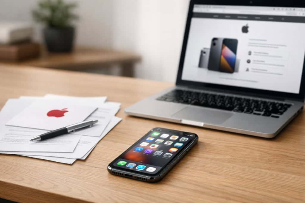 a used iphone sitting on the desk with applecare warranty card on the desk next to a macbook pro computer