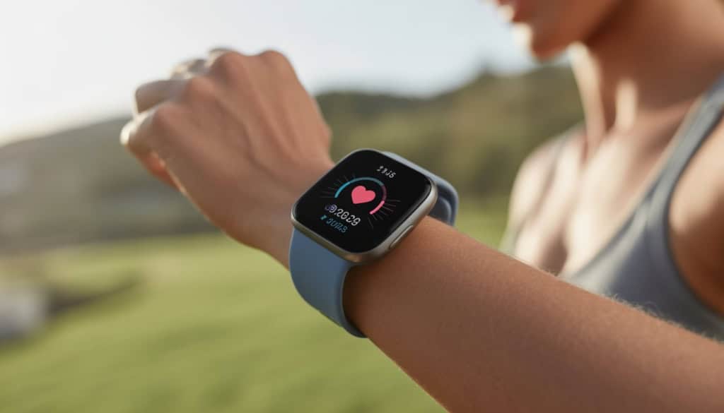 A person wearing a Fitbit smartwatch outdoors showing fitness data on the screen.
