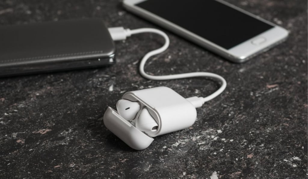 The process of charging wireless headphones for a smartphone from powerbank