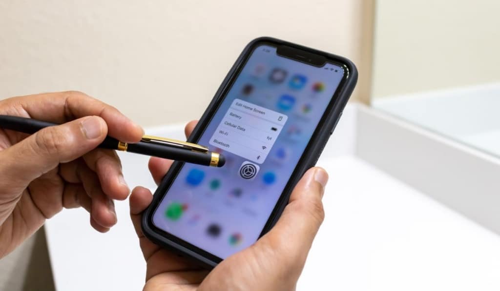 Man uses a stylus pen to click the settings app on a cell phone