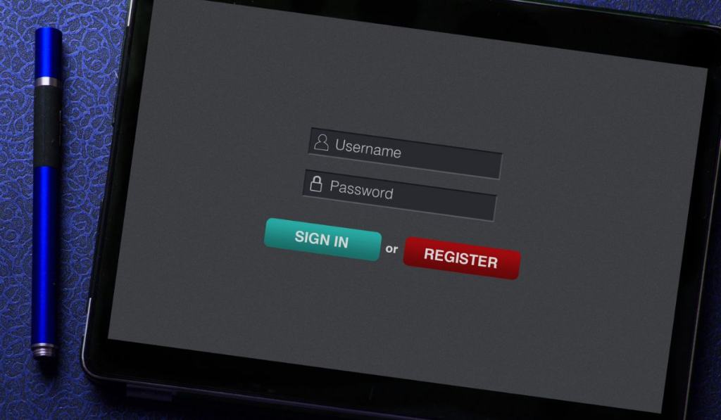 Sign in membership username password concept on tablet screen with blue pen on blue pattern 