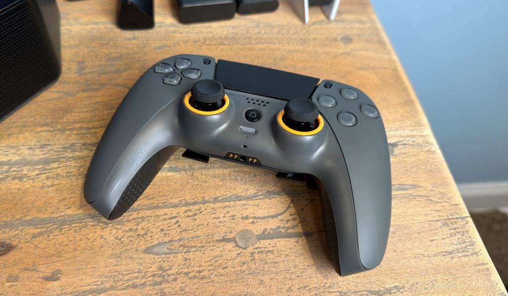 Scuf gaming PS5 controller on entertainment center