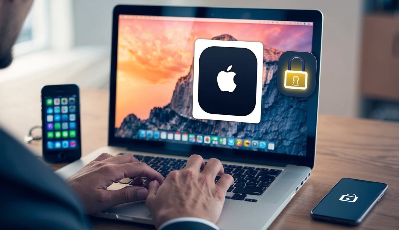 How To Create An Apple ID Without A Phone Number: Easy Steps, Real Solutions for Everyday Users 4 A person typing on a laptop, with an Apple logo displayed on the screen. A phone and a padlock symbol are next to the laptop, symbolizing the unlocking of an Apple ID without a phone number