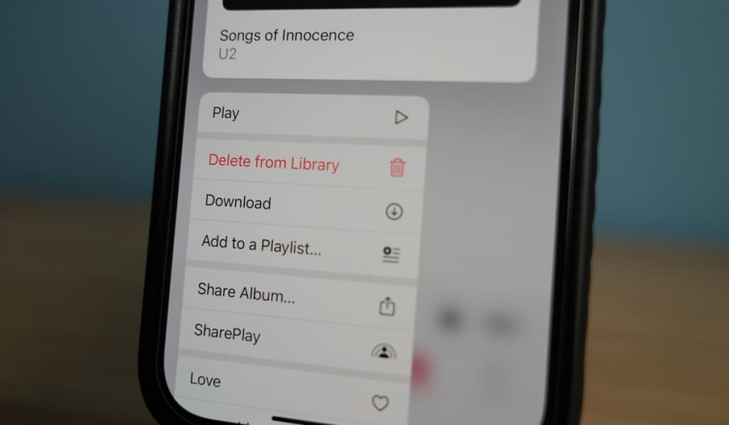 Songs of Innocence U2 Album options on iPhone Music App