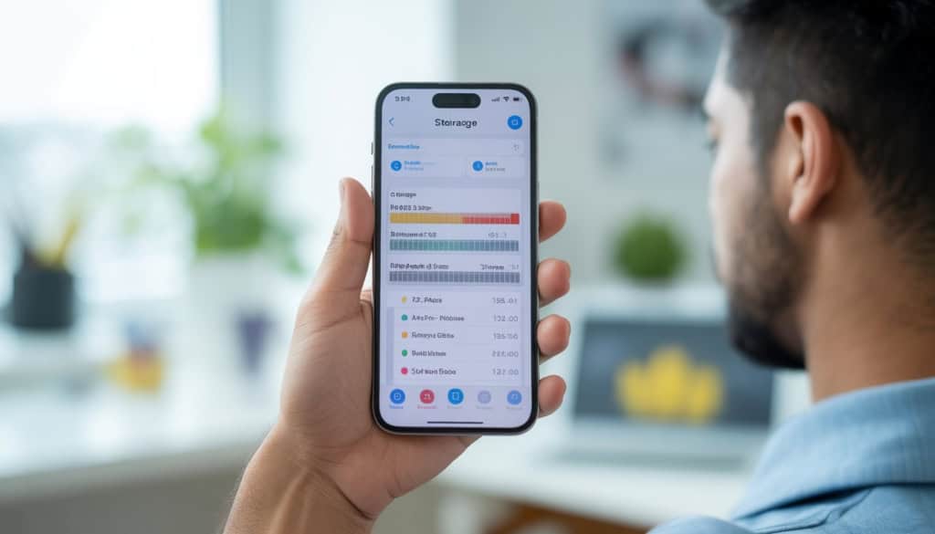 A hand holding an iPhone showing the storage usage screen in the Settings app.