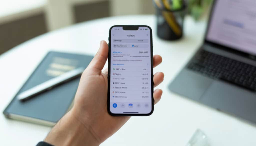 Close-up of a person holding an iPhone showing the device's settings screen with memory information visible, set against a blurred workspace background.