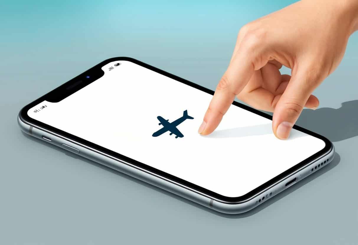 iPhone Randomly Going Into Airplane Mode? Solved! 7 An iPhone lying on a table with a small airplane icon appearing on the screen. A hand reaching toward the phone with a puzzled expression