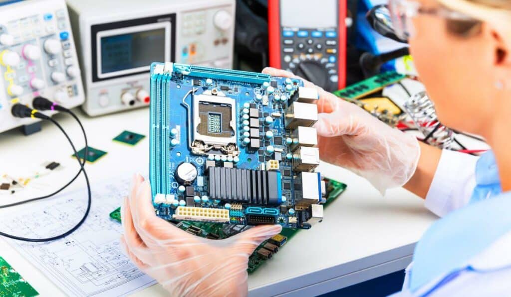 Female electronic engineer examining computer motherboard in lab