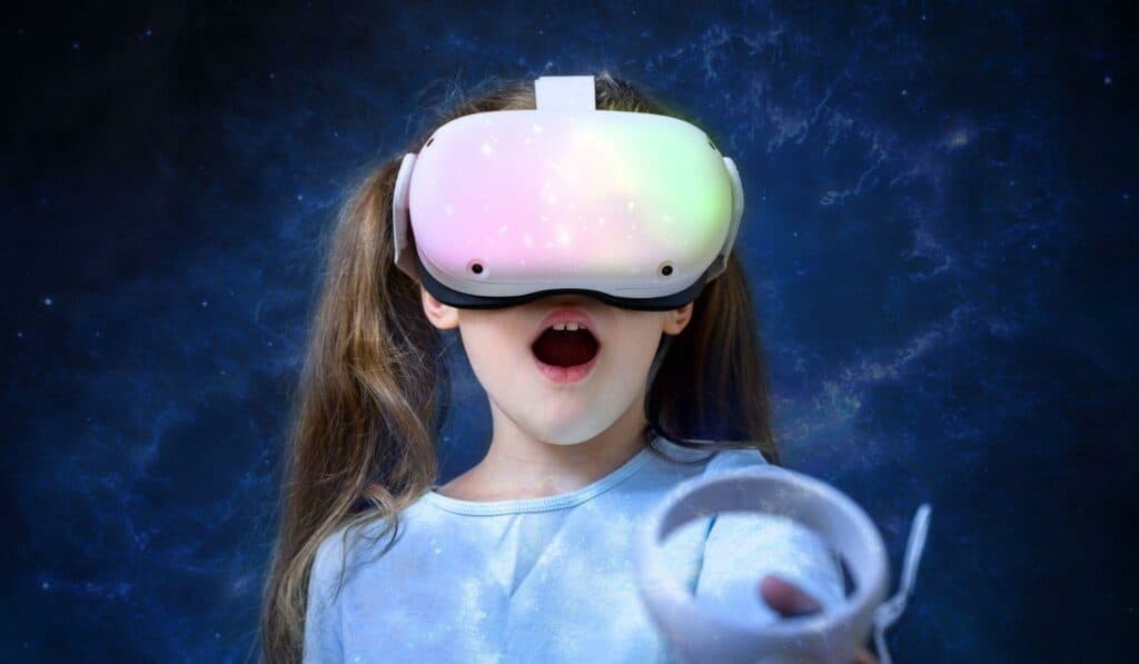 Kid using virtual reality headset, cute child looking in VR glasses