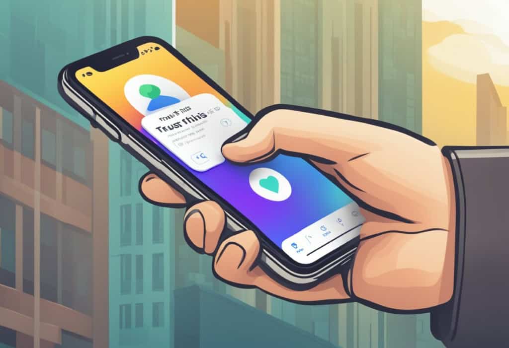 An iPhone screen displaying the "Trust This App" prompt with a finger tapping the "Trust" button