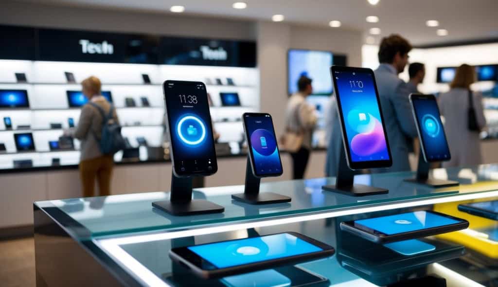 Smart devices, phones on display at a tech retail store