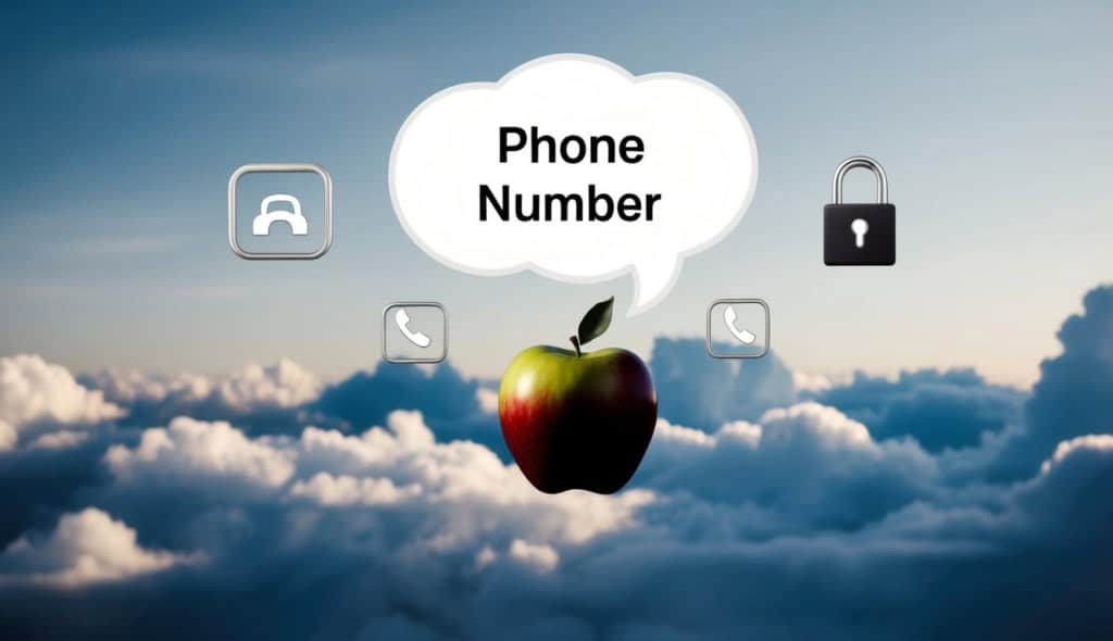 How to Create iCloud Account Without Phone Number – Simple Steps for Anyone Who’s Stuck or Privacy-Conscious 2 An apple with a speech bubble containing a phone number floating above it, surrounded by clouds and a lock symbol