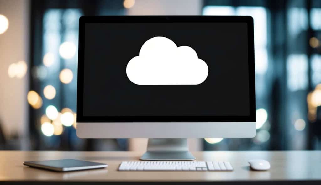 How to Create iCloud Account Without Phone Number – Simple Steps for Anyone Who’s Stuck or Privacy-Conscious 1 A computer with a blank screen, a mouse, and a keyboard on a desk, with a cloud symbol in the background