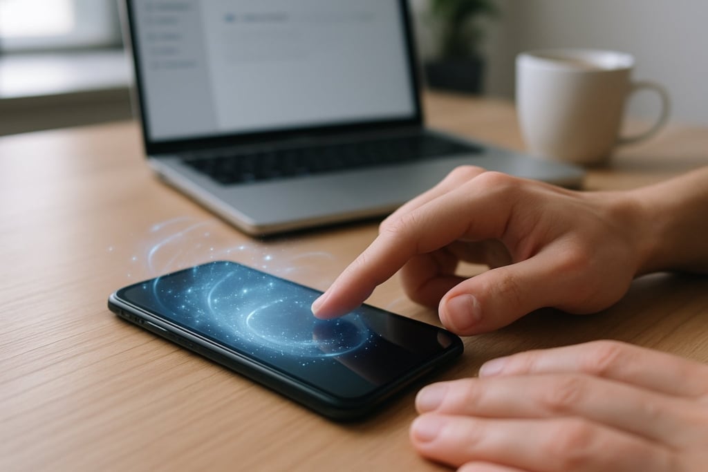 How to Clean iPhone Caches: Simple Steps to Speed Up Your Device and Free Up Space 2 A person using an iPhone on a wooden desk with a laptop and coffee cup nearby.