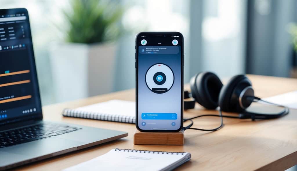 How Can I Record My Screen on iPhone? Simple Steps, Real-World Uses, and Troubleshooting Tips 5 A modern workspace with an iPhone displaying a screen recording app, a laptop with screen recording software, headphones, and a notepad on a wooden desk.