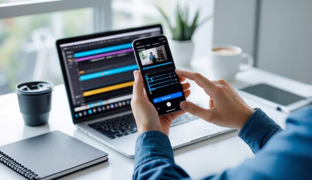How Can I Record My Screen on iPhone? Simple Steps, Real-World Uses, and Troubleshooting Tips 4 Person holding an iPhone showing screen recording while editing video on a laptop in a bright office workspace.
