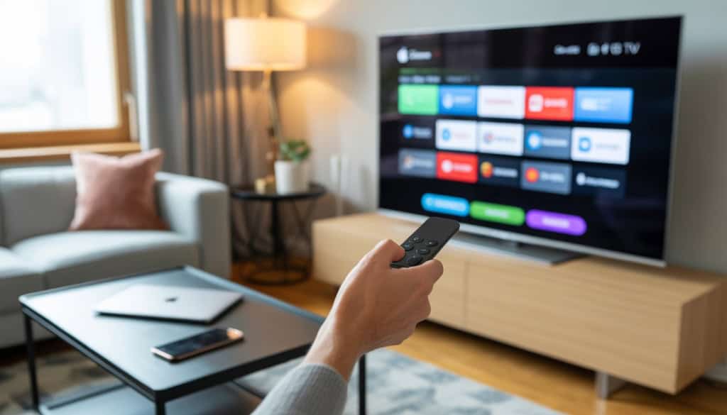 A person holding a remote control pointed at a TV displaying the Apple TV app in a modern living room.