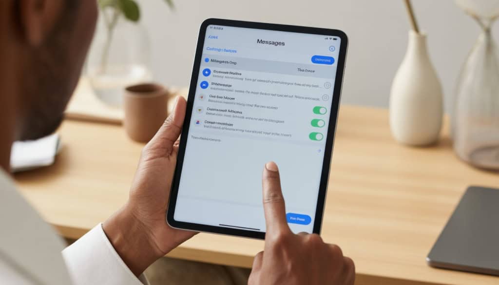 Close-up of hands holding an iPad showing the Messages settings screen with a finger about to turn off text messaging.