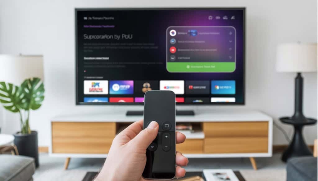 A person using an Apple TV remote to navigate streaming service options on a large television in a modern living room.