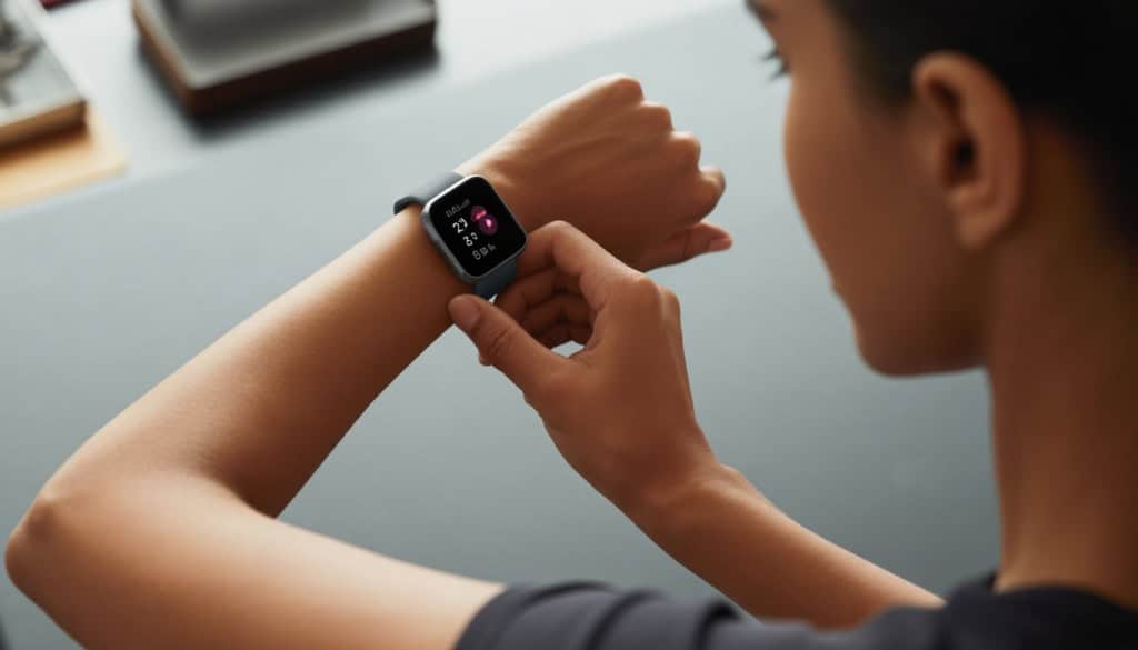 Close-up of a person's wrist wearing a Fitbit smartwatch displaying fitness data, with no smartphone visible nearby.