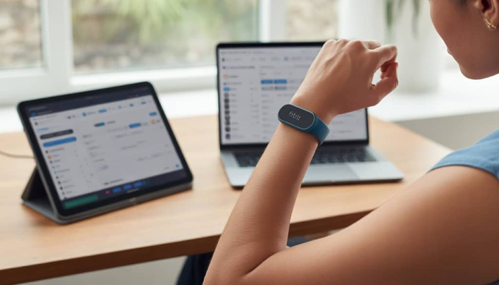 A person wearing a Fitbit Inspire 2 wristband sitting at a desk with a tablet and laptop nearby.