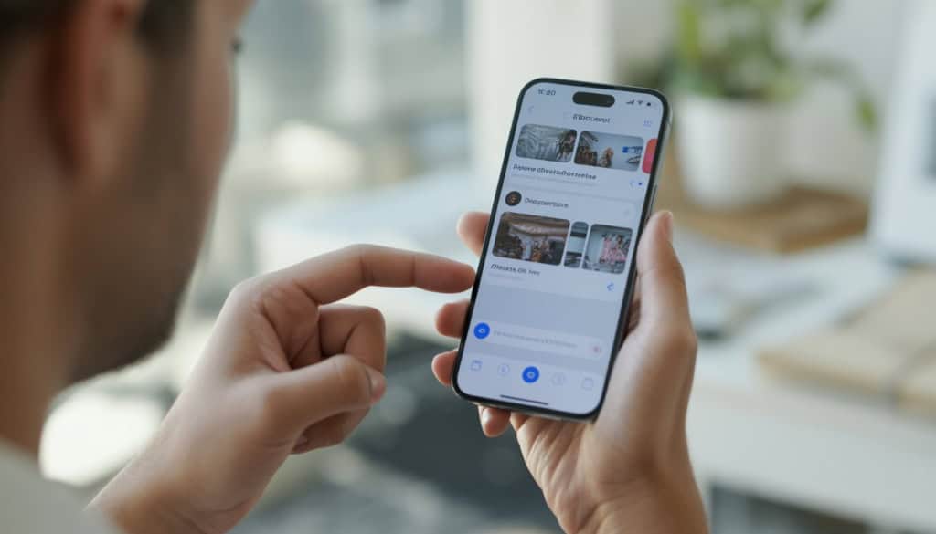 10 Tips for Organizing Photos on an iPhone Without Losing Your Mind 1 Hands holding an iPhone showing organized photo albums on the screen in a bright indoor setting.