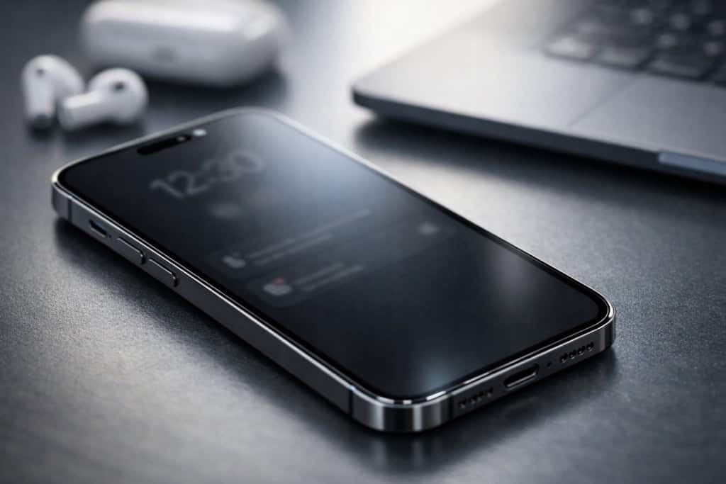 Hidden iPhone 17 Pro Features You Probably Didn't Know Were There 2 Close-up of an iPhone 17 Pro on a desk showing a faint Always-On Display with time and notifications visible.