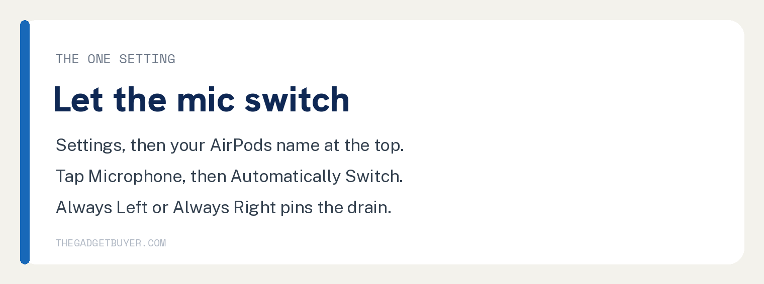 Why One AirPod Dies Faster Than the Other 2 Set the AirPods microphone to Automatically Switch in Settings so both buds share the call workload