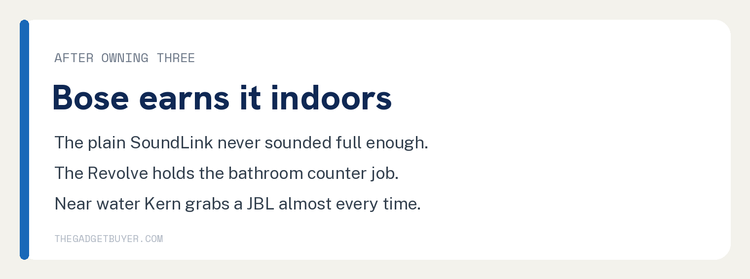 Kern verdict after owning three Bose SoundLink speakers, the plain SoundLink lacked full sound, the Revolve earned its spot indoors, JBL wins near water