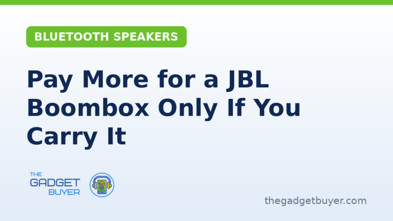 Pay More for a JBL Boombox Only If You Carry It 1 Which JBL Boombox to buy guide card from The Gadget Buyer covering the JBL Boombox 3 and JBL Boombox 4 Bluetooth speakers