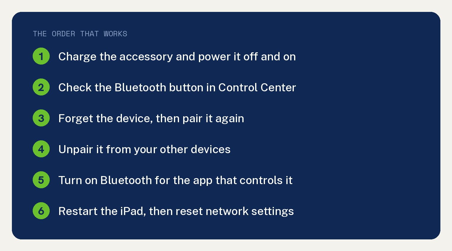 Navy card listing the order that works for an iPad Bluetooth connection problem, six numbered steps from charging the accessory to resetting network settings