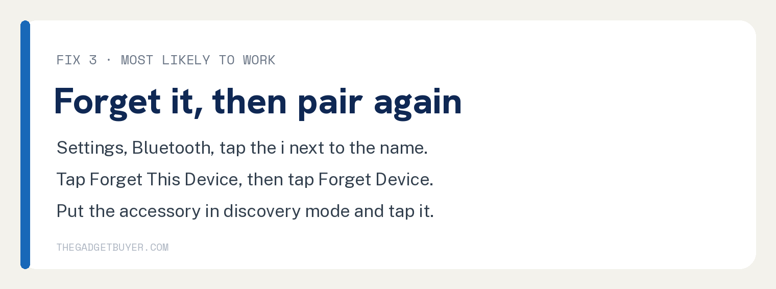White step card showing how to forget a Bluetooth device on iPad in Settings and pair the accessory again