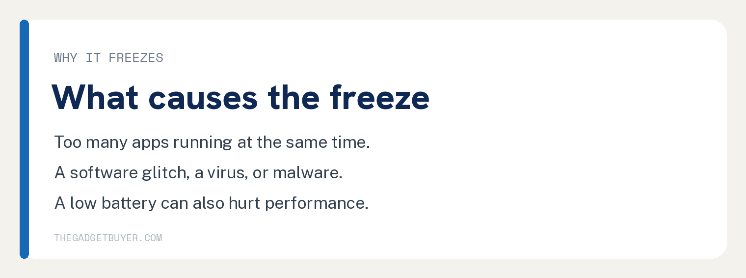 Card listing what causes an iPad to freeze, including too many open apps and a low battery