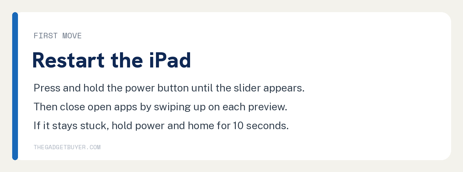 Card showing how to restart a frozen iPad with the power button and a force restart