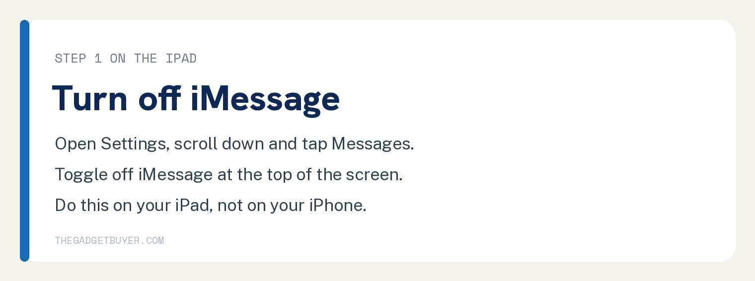 Card showing how to turn off iMessage on an iPad in Settings under Messages