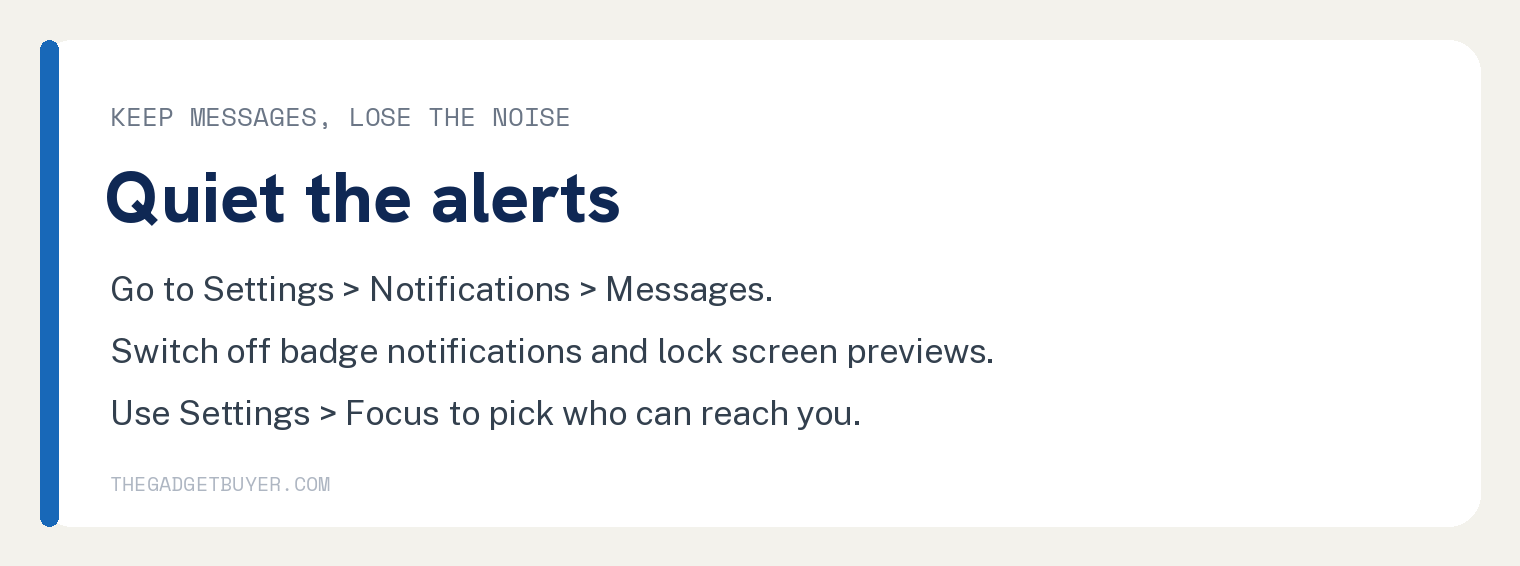 Card showing how to quiet Messages alerts on an iPad using Notifications and Focus settings