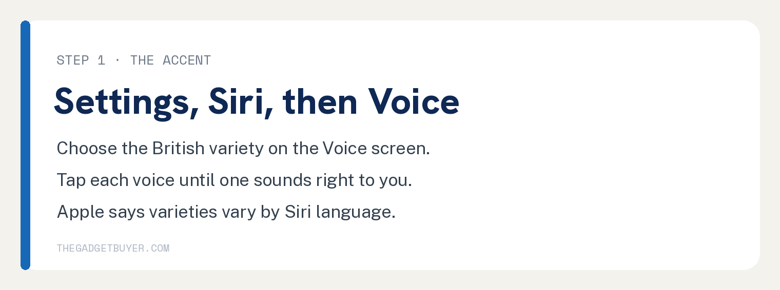 Siri Has No Jarvis Voice. The Closest Setup That Works 2 Card showing the Settings path to change the Siri voice to the British variety