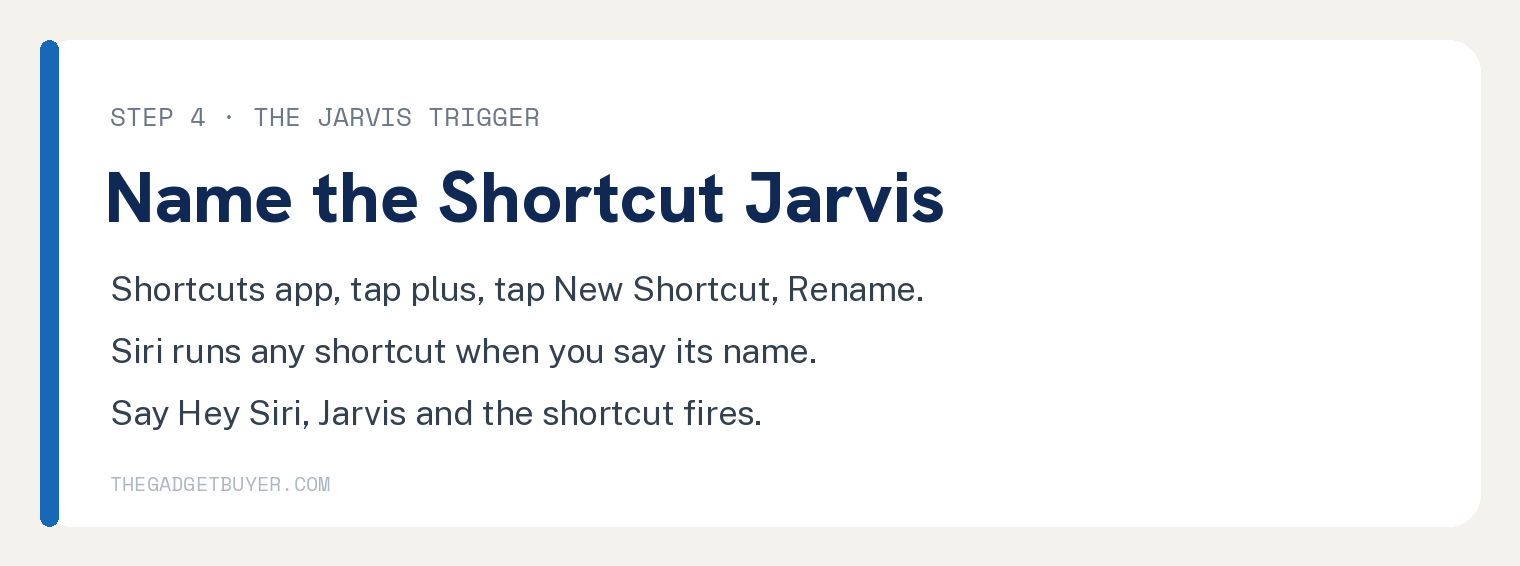 Siri Has No Jarvis Voice. The Closest Setup That Works 3 Card showing how to name a Shortcut Jarvis so Siri runs it by voice