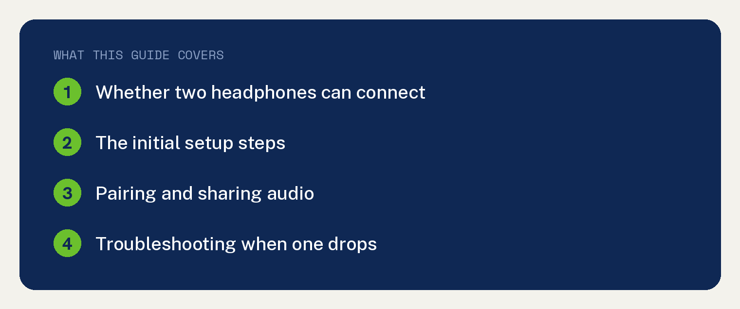 Can You Connect 2 Bluetooth Headphones To One iPad? 2 What this guide covers: compatibility, setup, pairing and sharing, troubleshooting