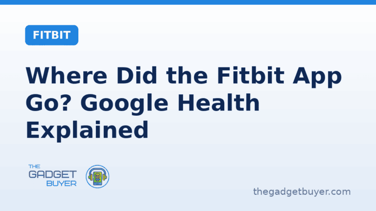 Person checking Fitbit app on smartphone with Google Health logo.