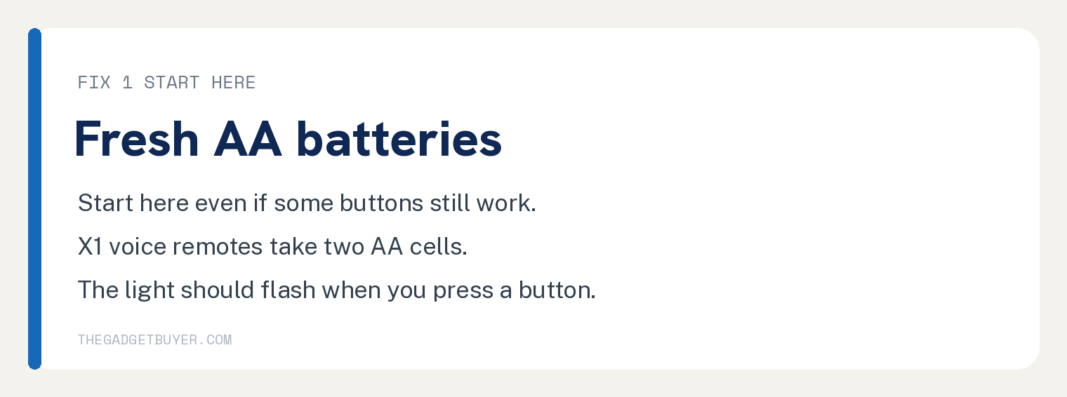 Fix 1 card telling readers to start with two fresh AA cells in the Xfinity remote