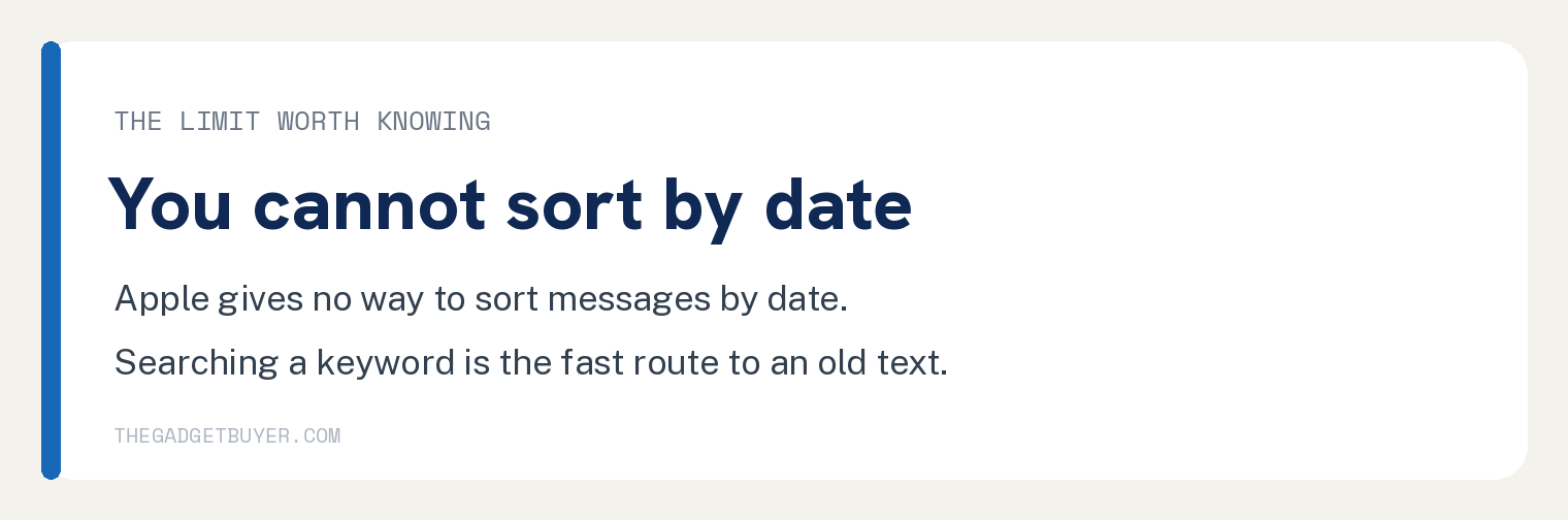 How to See the Oldest Messages on an iPhone (Without Scrolling) 3 Card explaining that the iPhone Messages app gives no way to sort texts by date