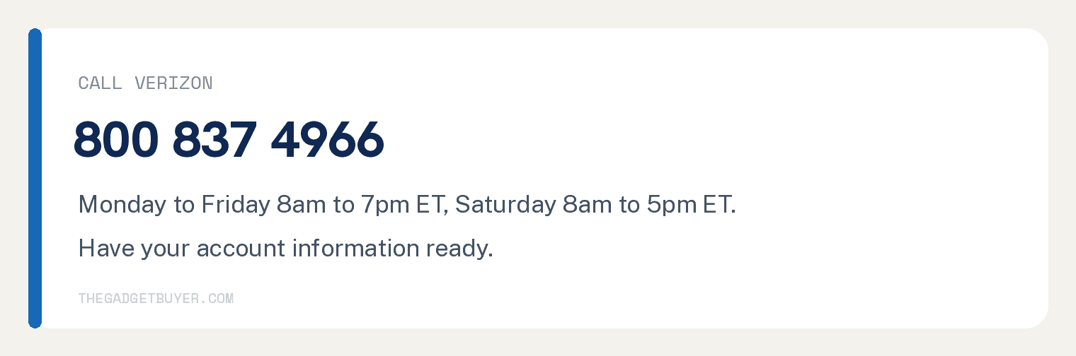 Step card showing the Verizon disconnect phone number 800 837 4966 and its Monday to Saturday calling hours
