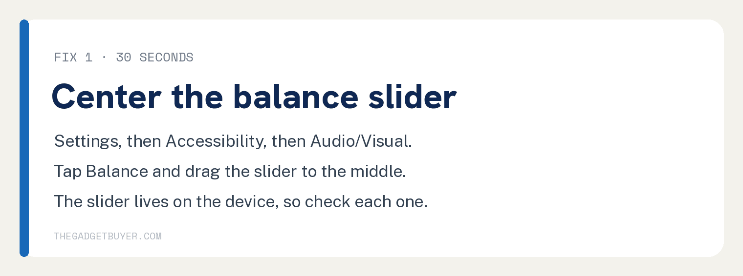 Center the balance slider in Settings, then Accessibility, then Audio/Visual, then Balance, and drag it to the middle