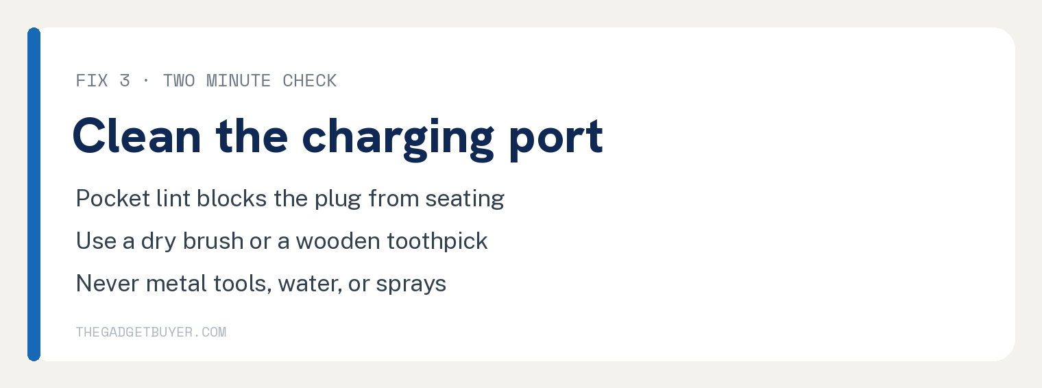 AirPods Case Not Charging? 6 Fixes That Work 2 Card for fix 3, clean the AirPods case charging port with a dry brush or wooden toothpick, never metal tools, water, or sprays