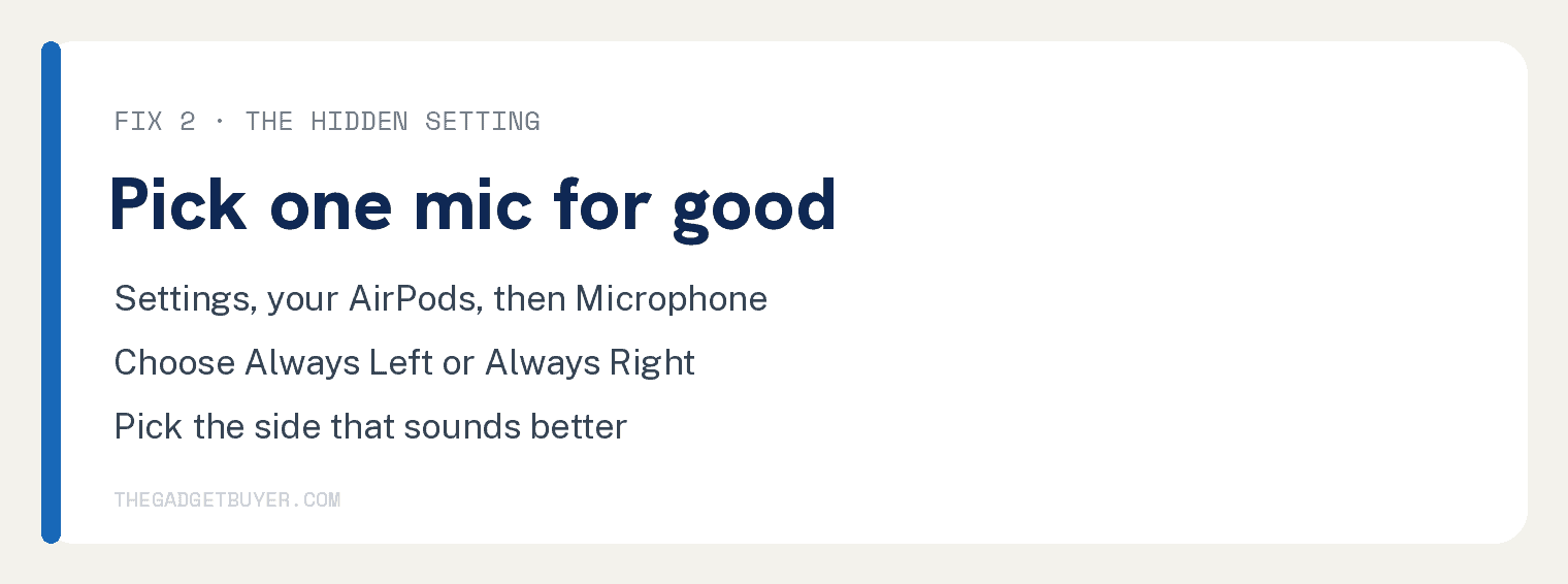Card for fix 2, set one AirPod as the permanent microphone in Settings under Microphone by choosing Always Left or Always Right