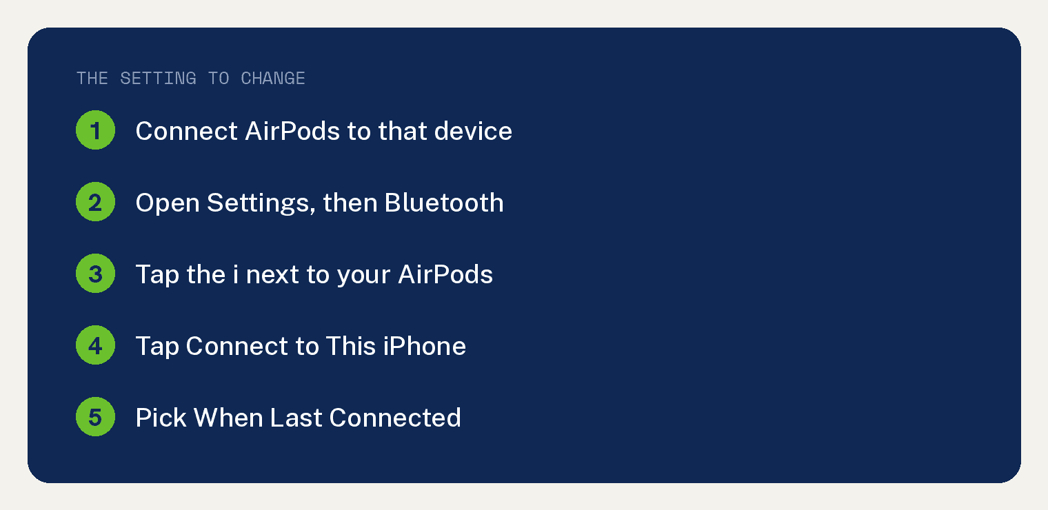 Five steps to stop AirPods from switching devices: connect to the device, open Bluetooth settings, tap the i, tap Connect to This iPhone, pick When Last Connected