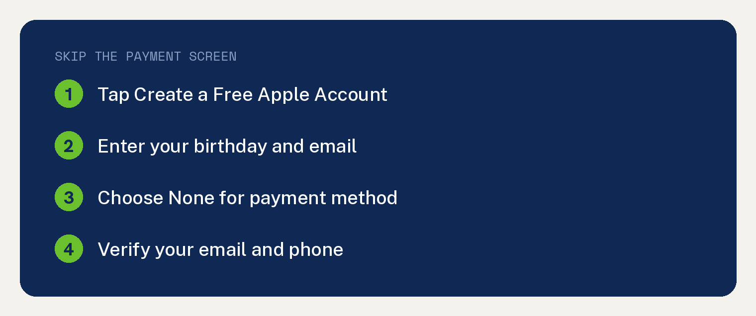 Steps to skip the payment screen when creating a free Apple Account