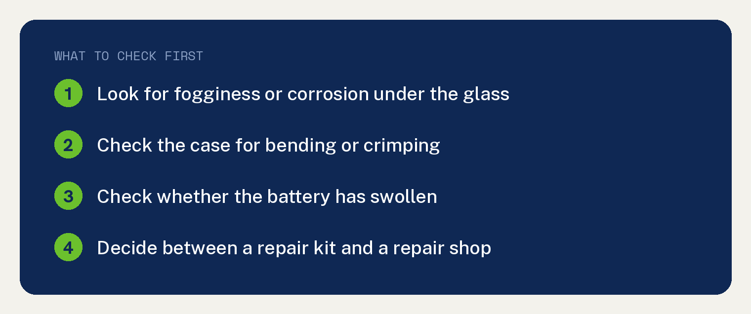 What To Do If Your Apple Watch Face Comes Off 2 Card listing what to check first when an Apple Watch face comes off: fogginess or corrosion, a bent case, a swollen battery, then choose a kit or a repair shop