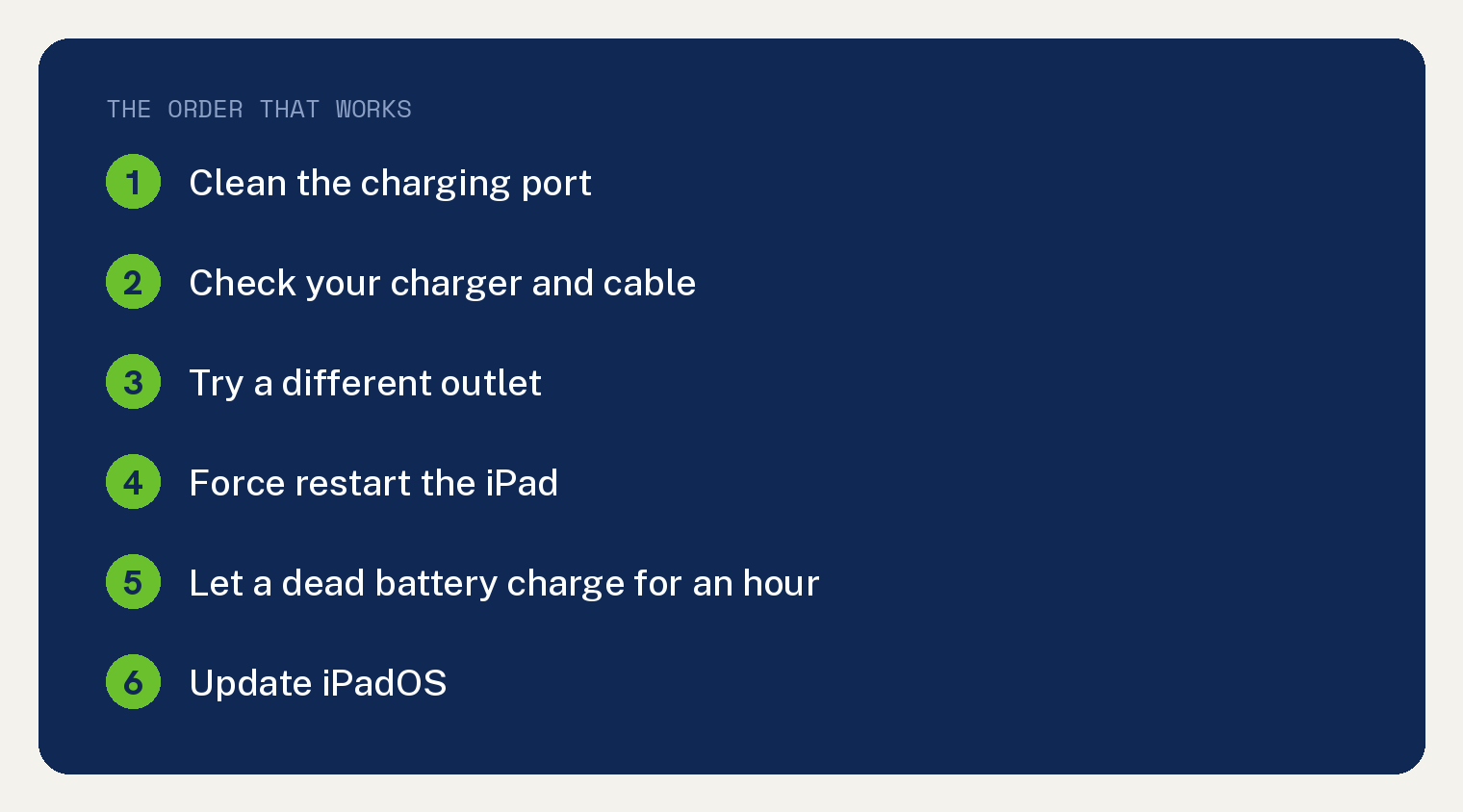 The order that works for an iPad that will not charge, from cleaning the charging port to updating iPadOS